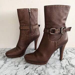 Fendi Italy Brown Pebbled Leather Whipstitch Ankle Buckle Boots Platform 41 (11)